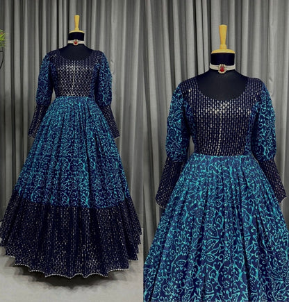 Navy blue rama georgette print and sequence work party wear gown