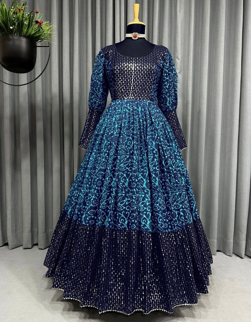 Navy blue rama georgette print and sequence work party wear gown