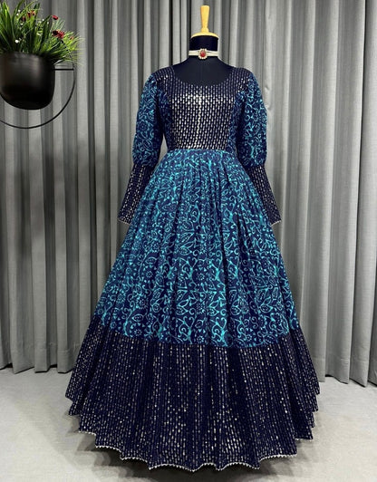 Navy blue rama georgette print and sequence work party wear gown
