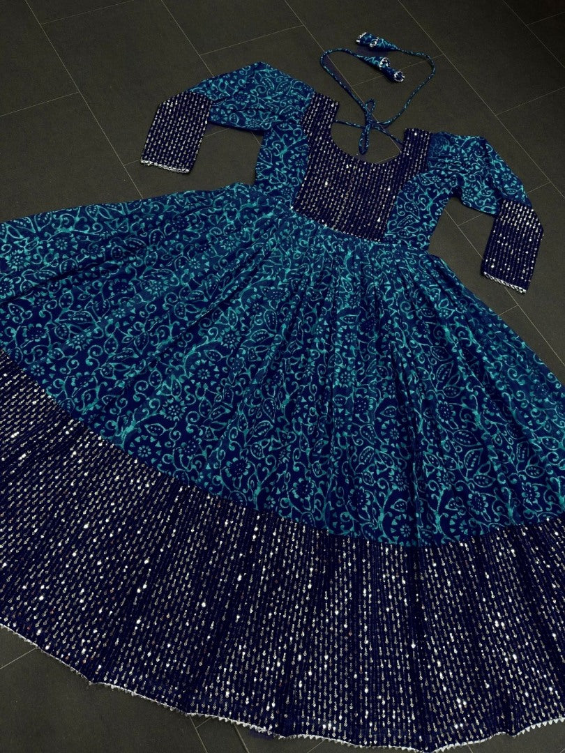 Navy blue rama georgette print and sequence work party wear gown