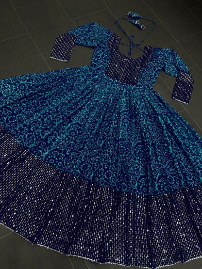 Navy blue rama georgette print and sequence work party wear gown