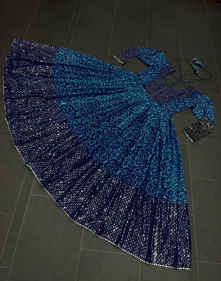 Navy blue rama georgette print and sequence work party wear gown