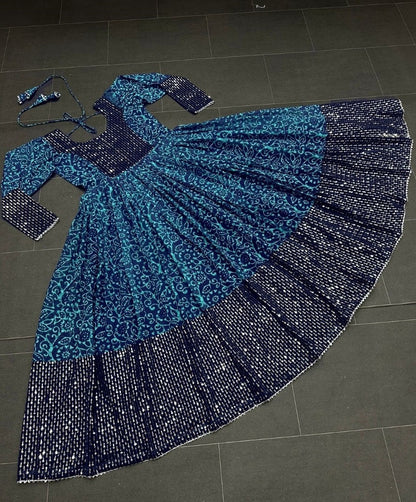 Navy blue rama georgette print and sequence work party wear gown