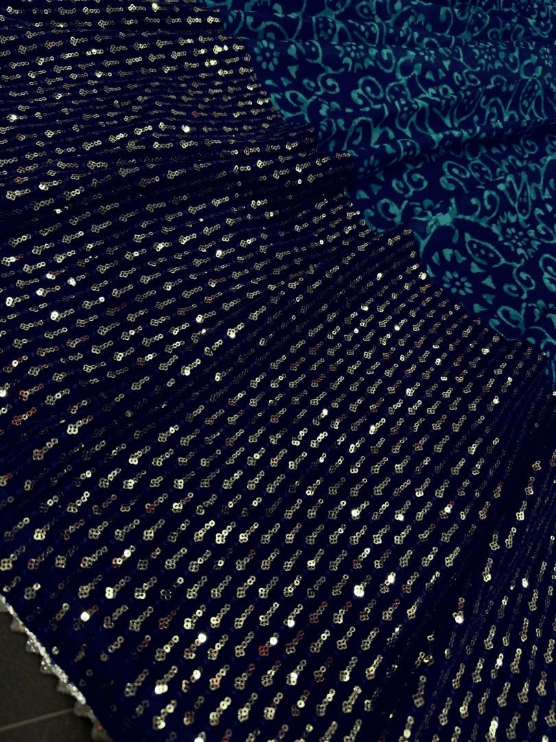 Navy blue rama georgette print and sequence work party wear gown