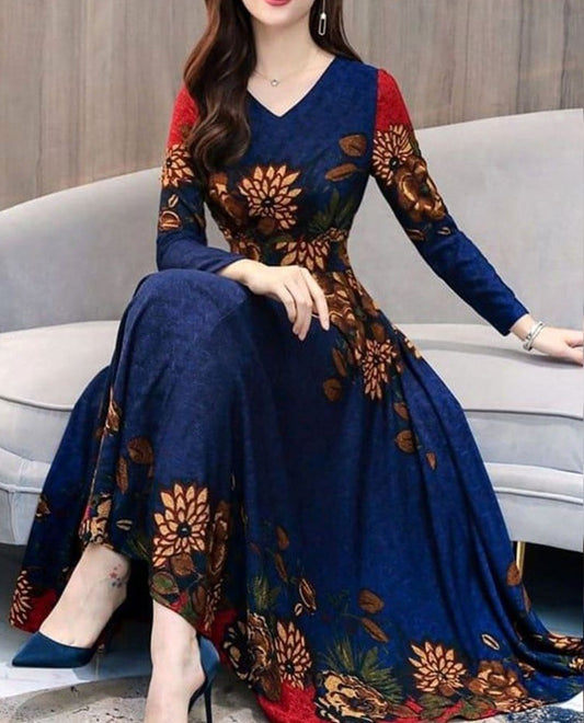 Navy blue rangoli silk digital printed gown