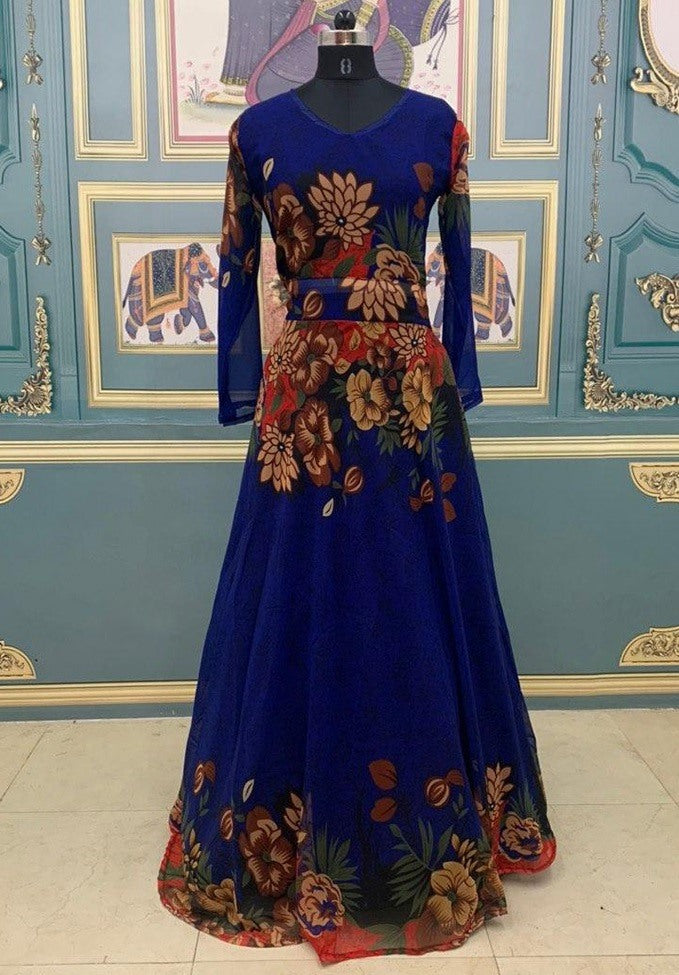 Navy blue rangoli silk digital printed gown
