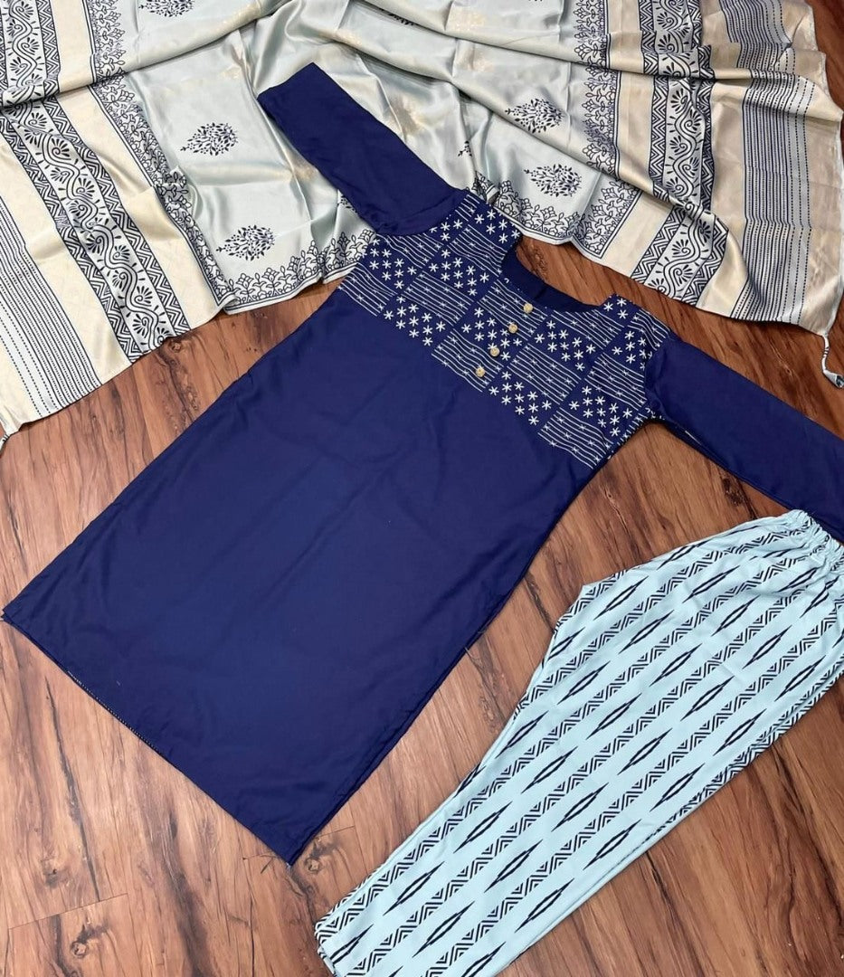 Navy blue rayon printed salwar suit