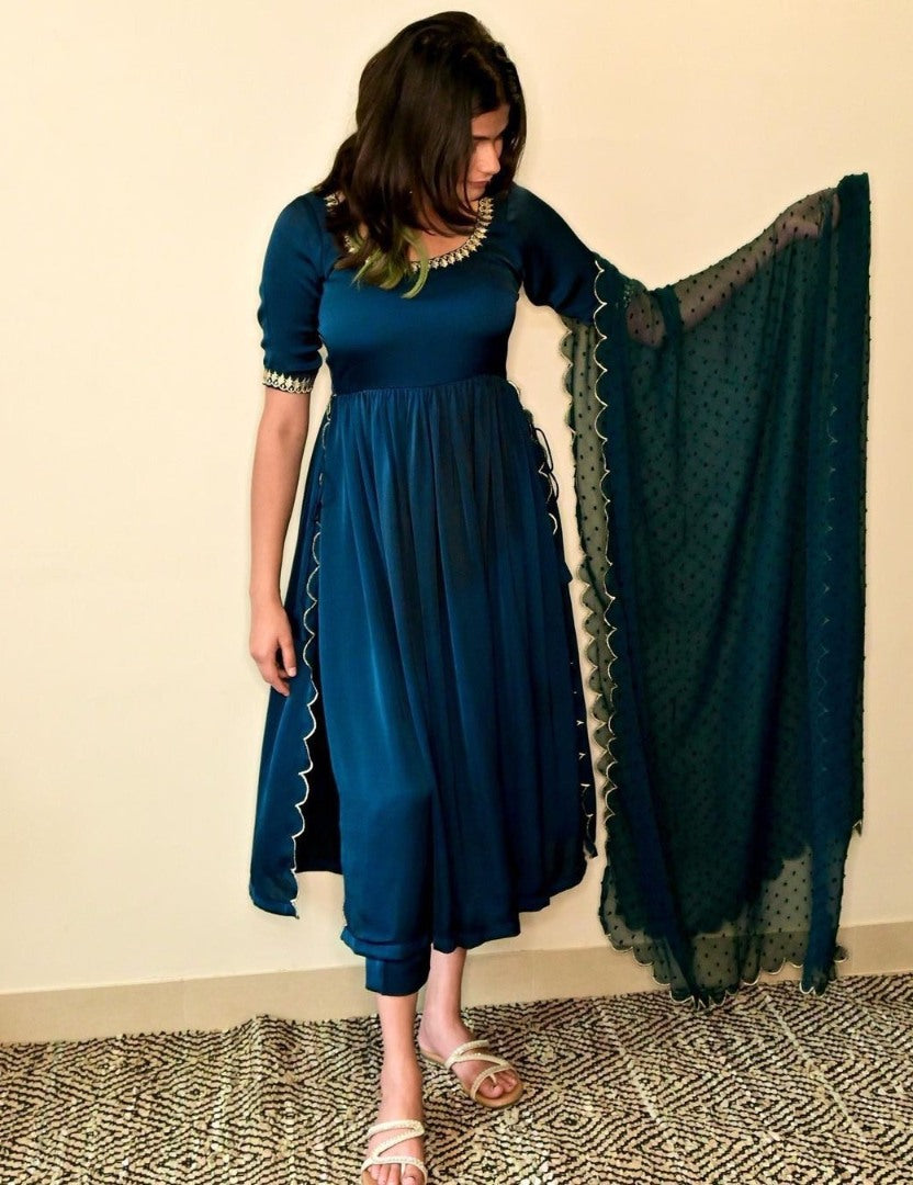 Navy blue rayon thread work nayra cut suit