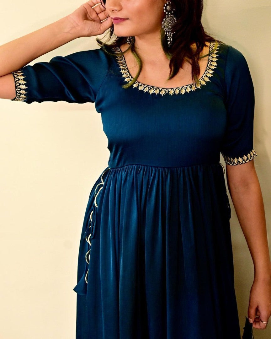 Navy blue rayon thread work nayra cut suit