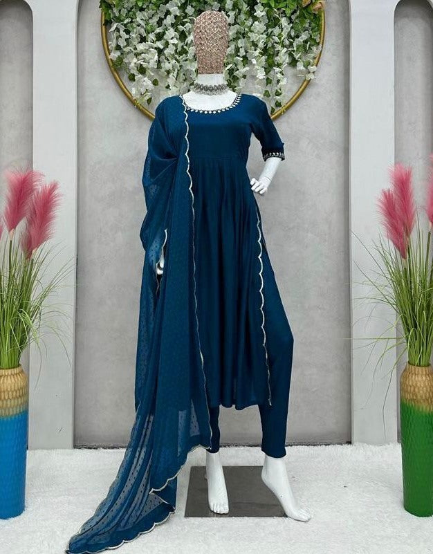 Navy blue rayon thread work nayra cut suit