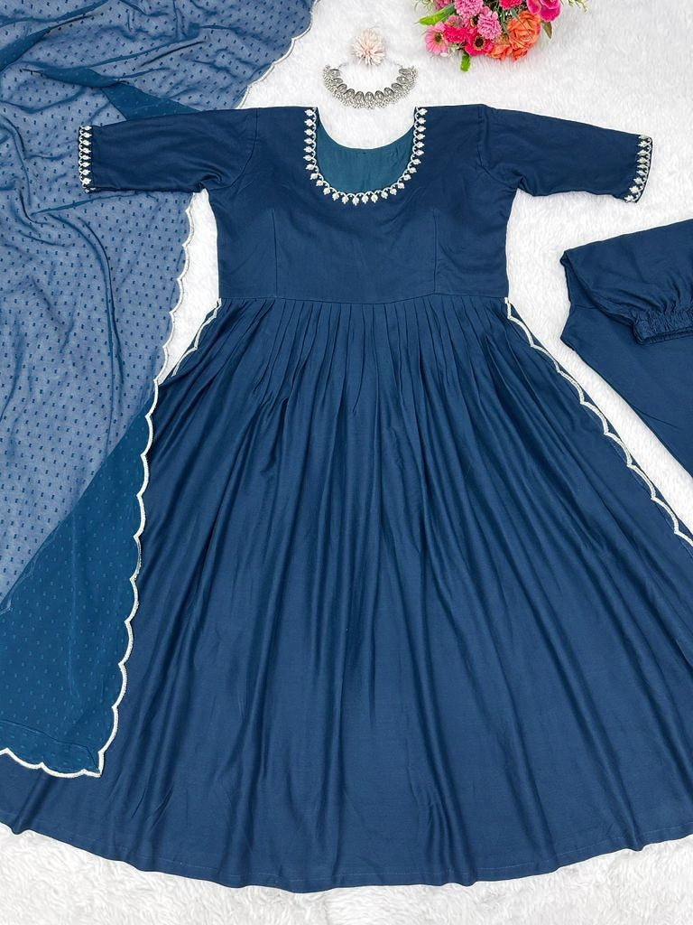 Navy blue rayon thread work nayra cut suit