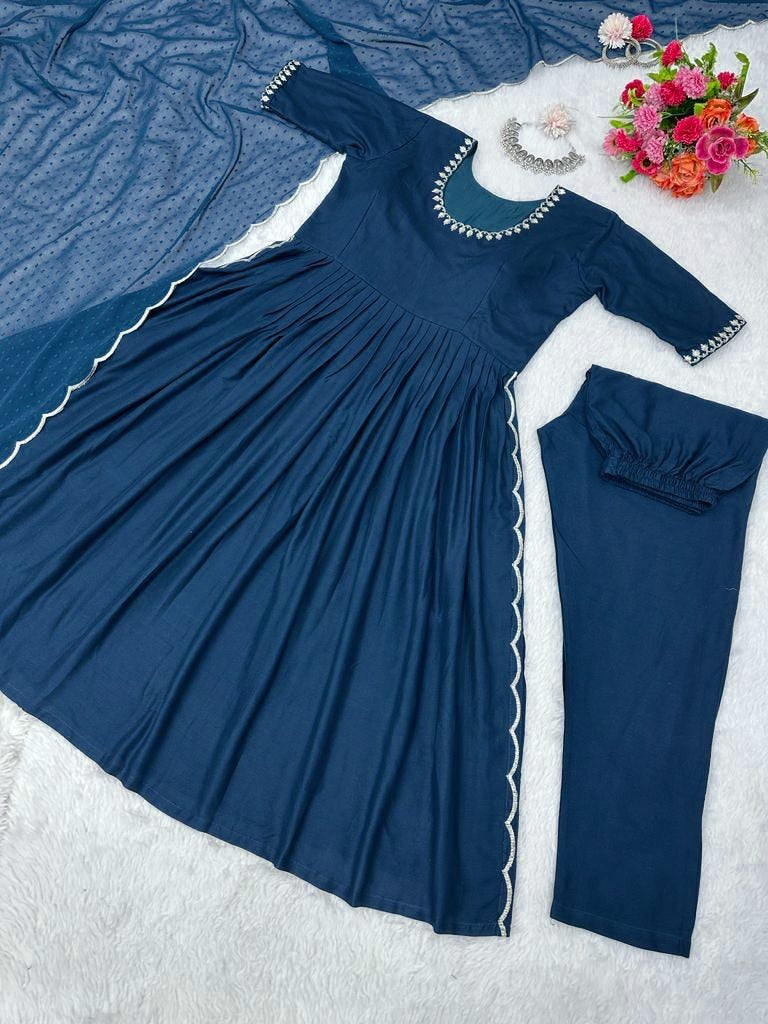 Navy blue rayon thread work nayra cut suit