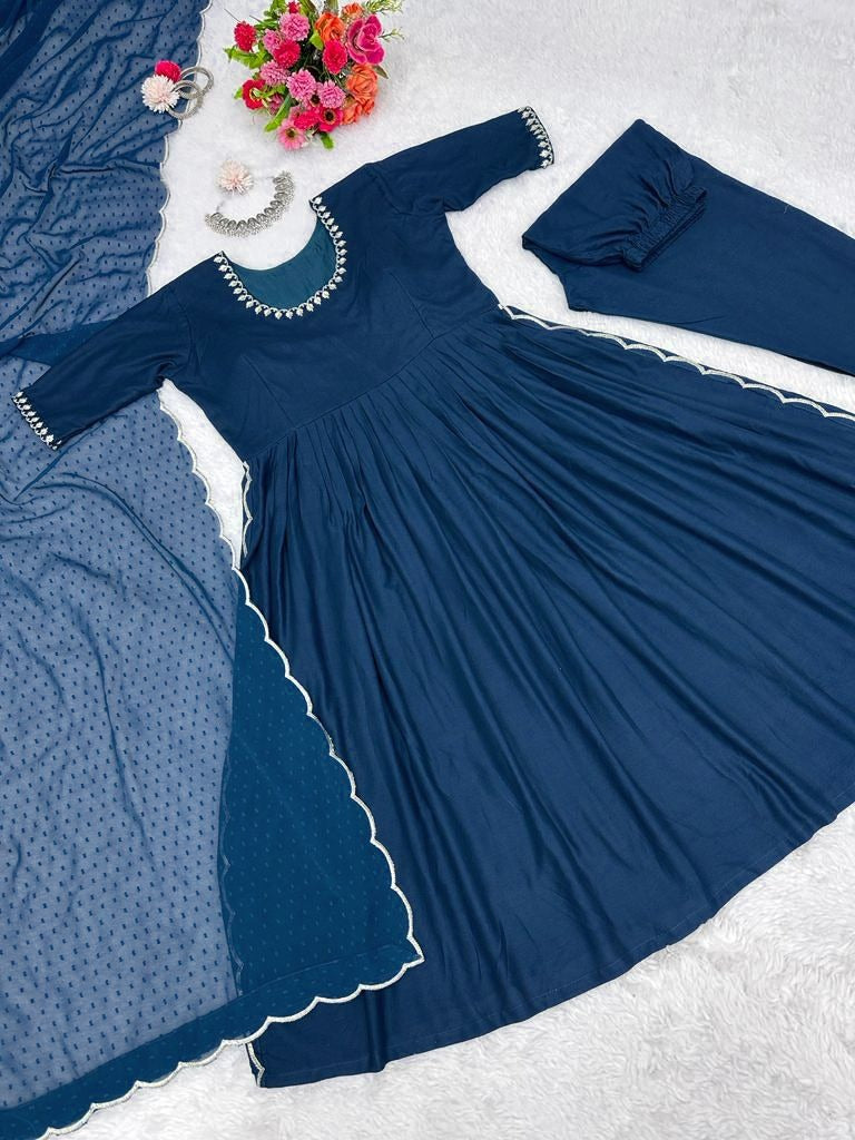 Navy blue rayon thread work nayra cut suit