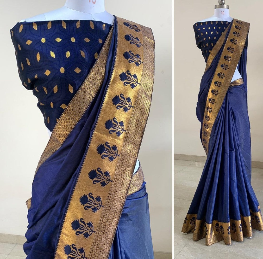 Navy blue sana silk jacquard weaving work ceremonial saree