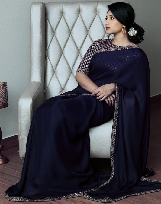 Navy blue satin georgette sequence work lace border saree
