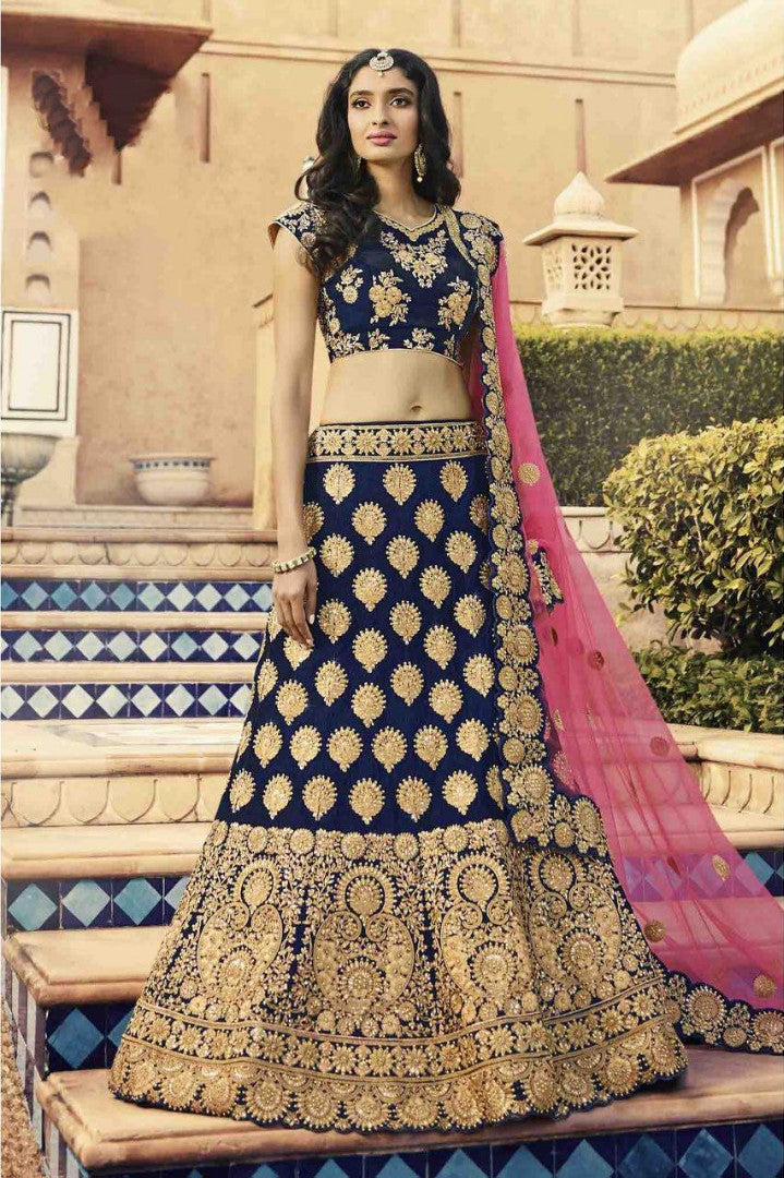 navy blue satin silk heavy coding embroidered wedding lehenga