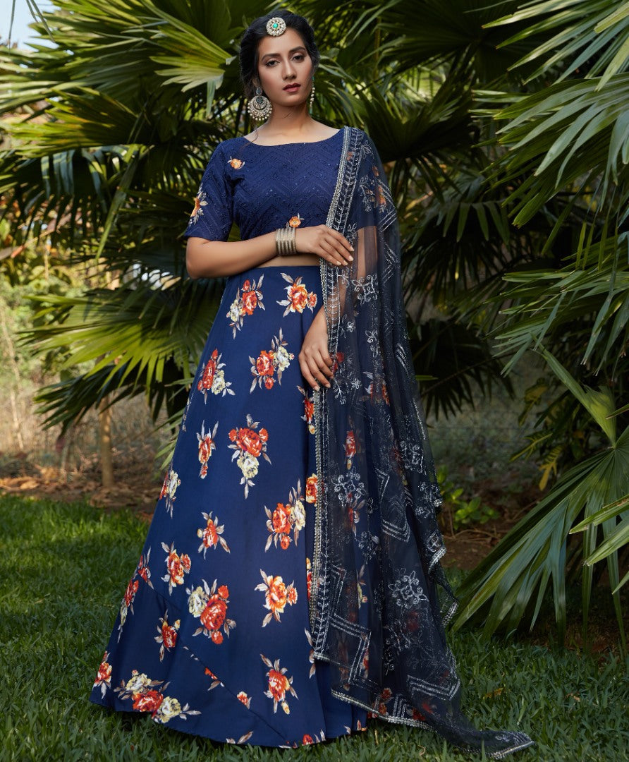 Navy blue silk crepe flower printed party wear lehenga choli