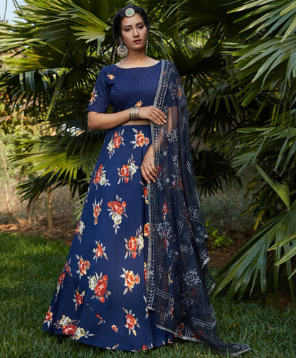 Navy blue silk crepe flower printed party wear lehenga choli
