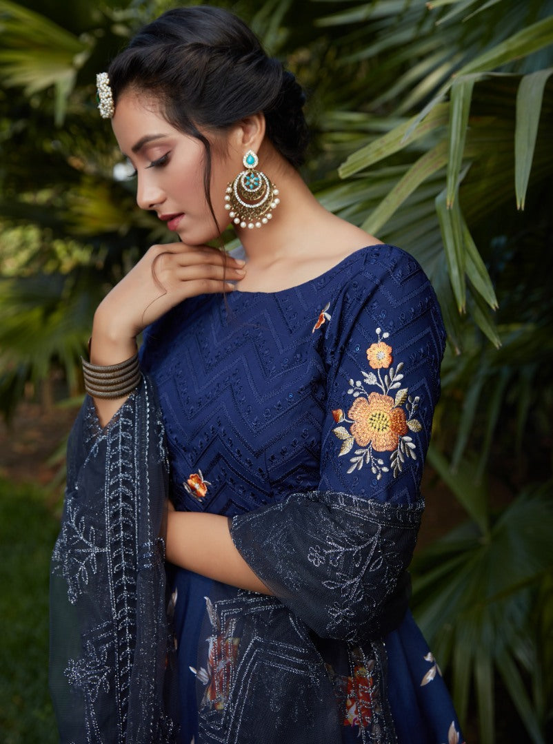 Navy blue silk crepe flower printed party wear lehenga choli