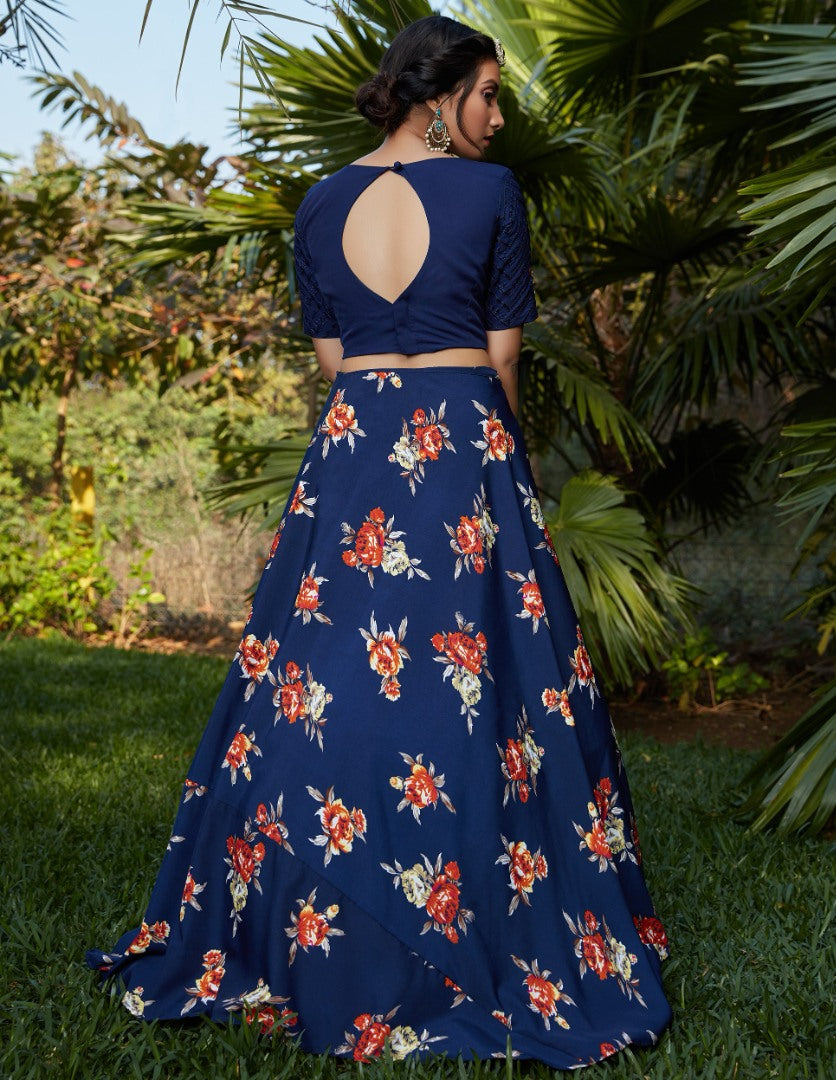 Navy blue silk crepe flower printed party wear lehenga choli