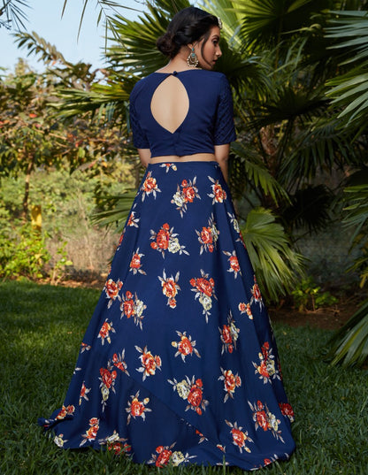 Navy blue silk crepe flower printed party wear lehenga choli