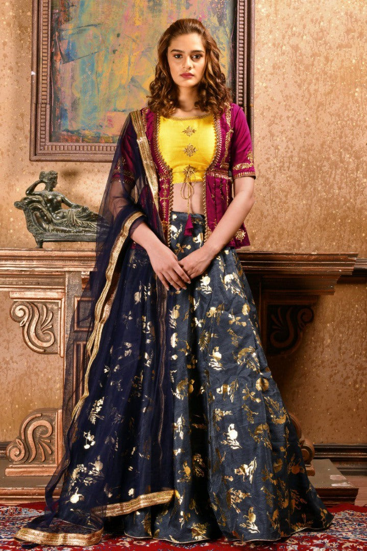 Navy blue silk designer lehenga choli with jacket