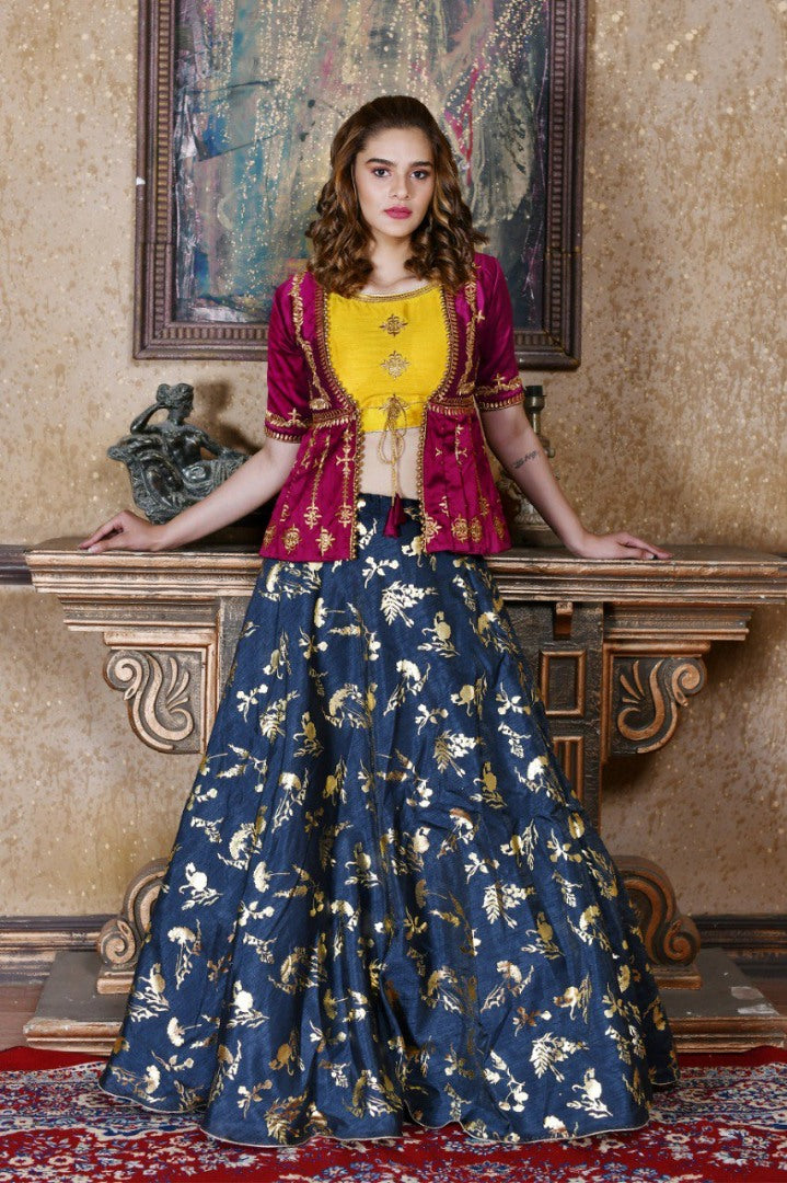Navy blue silk designer lehenga choli with jacket