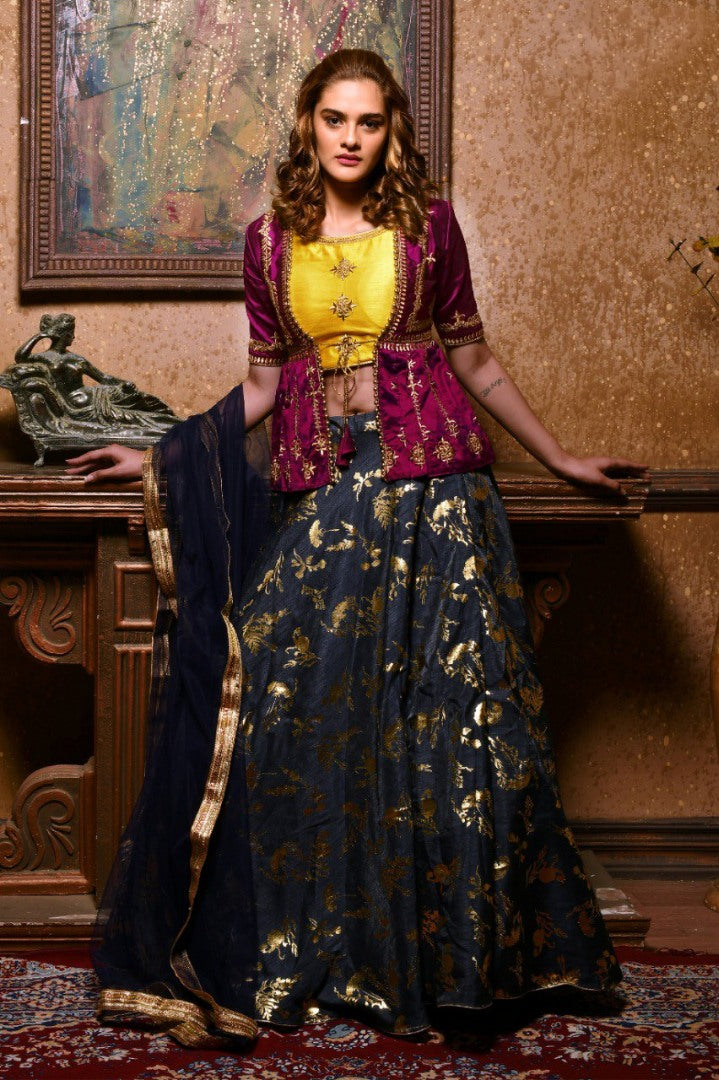 Navy blue silk designer lehenga choli with jacket