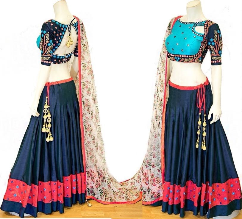 Navy blue silk embroidered traditional navratri festival lehenga choli