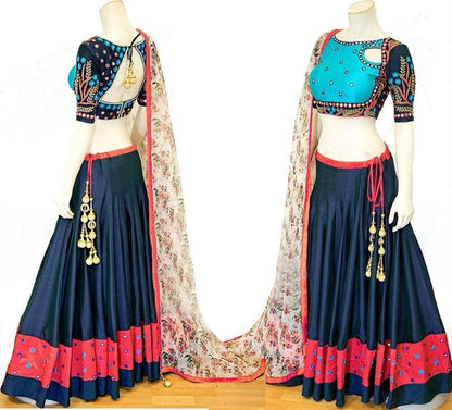 Navy blue silk embroidered traditional navratri festival lehenga choli