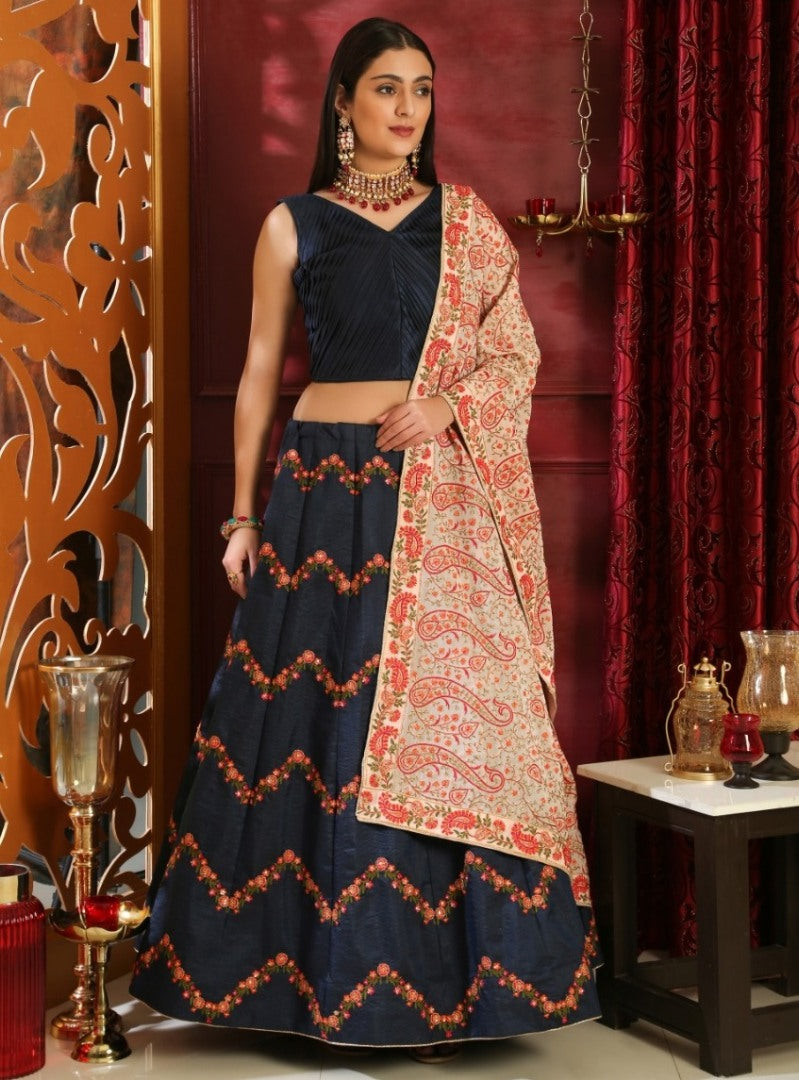 Navy blue silk embroidered wedding lehenga choli