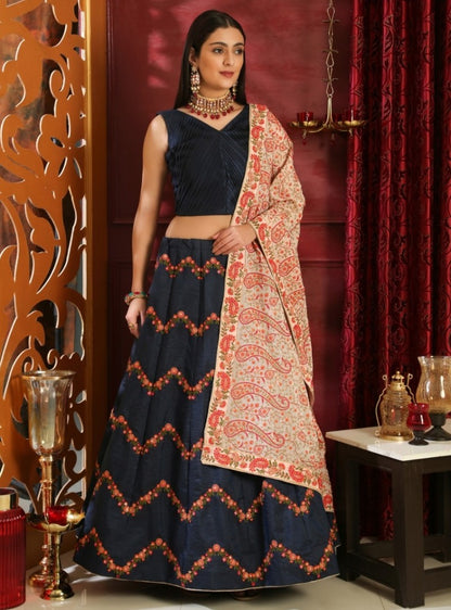 Navy blue silk embroidered wedding lehenga choli