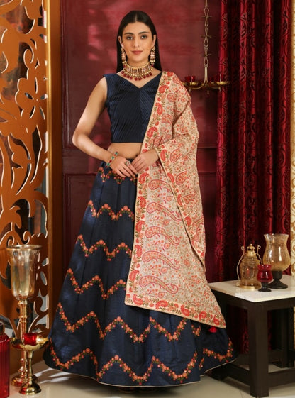Navy blue silk embroidered wedding lehenga choli
