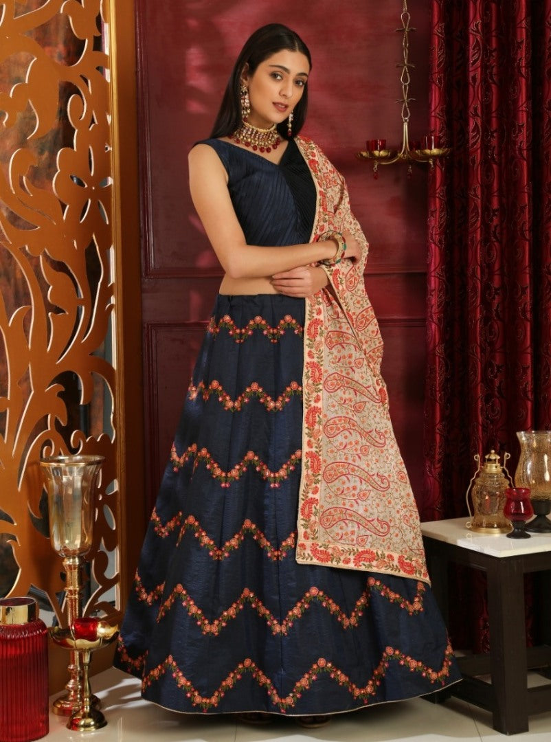 Navy blue silk embroidered wedding lehenga choli