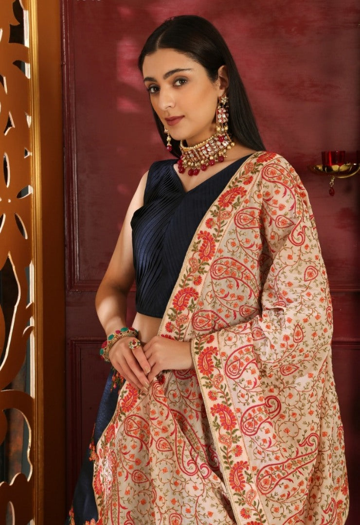 Navy blue silk embroidered wedding lehenga choli