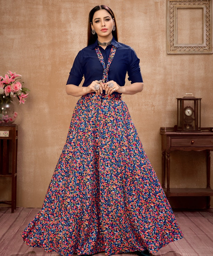 Navy blue silk flower printed occasional wear crop top lehenga