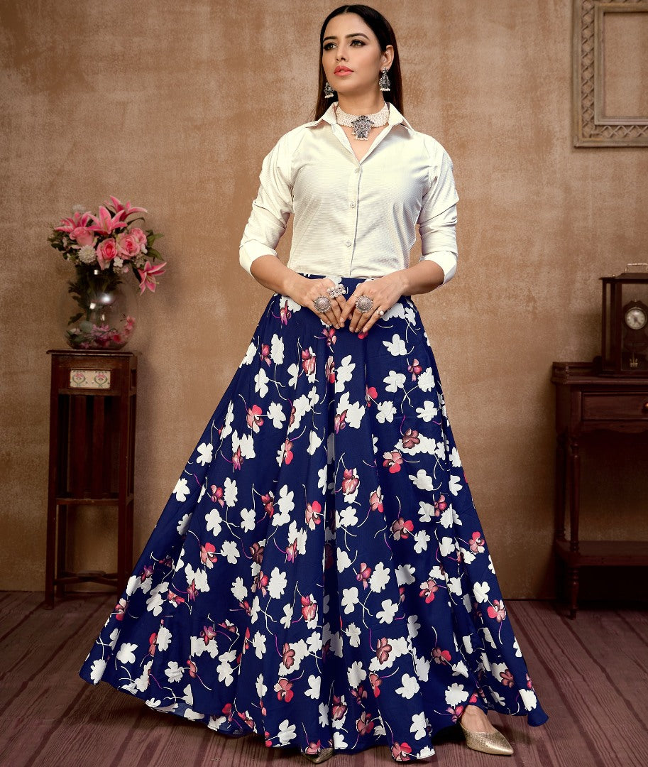 Navy blue silk flower printed occasional wear crop top lehenga