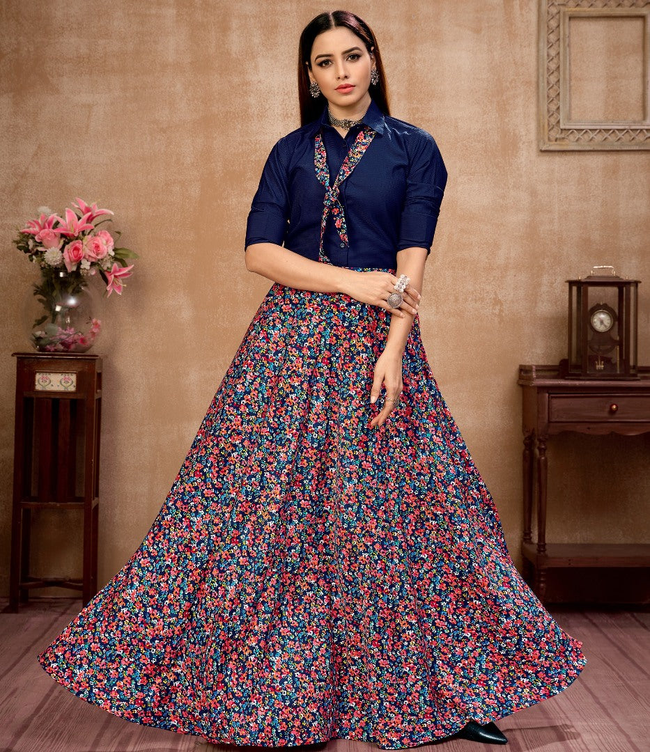 Navy blue silk flower printed occasional wear crop top lehenga