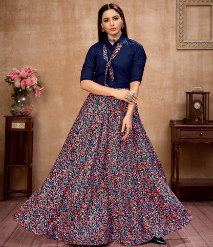 Navy blue silk flower printed occasional wear crop top lehenga