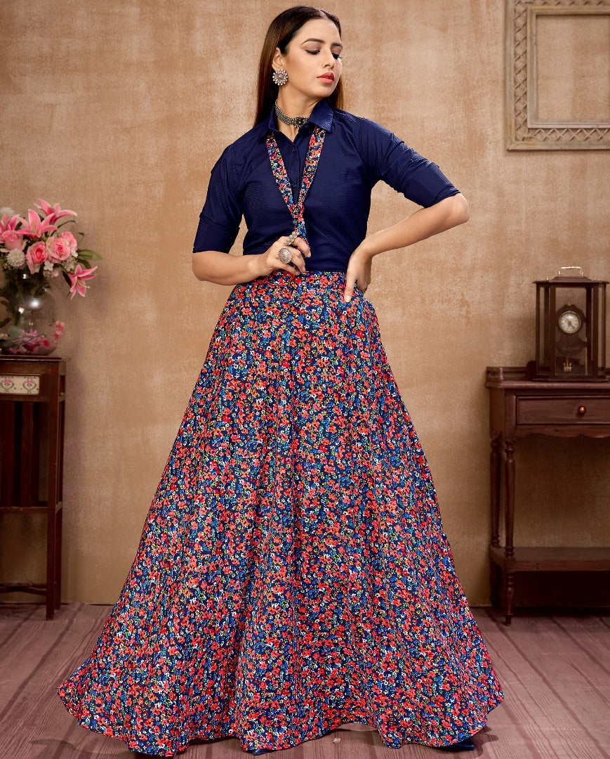 Navy blue silk flower printed occasional wear crop top lehenga