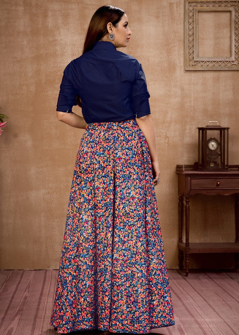Navy blue silk flower printed occasional wear crop top lehenga
