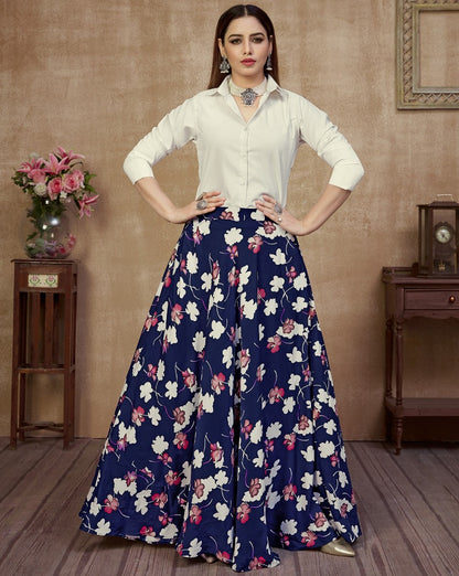 Navy blue silk flower printed occasional wear crop top lehenga