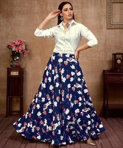 Navy blue silk flower printed occasional wear crop top lehenga