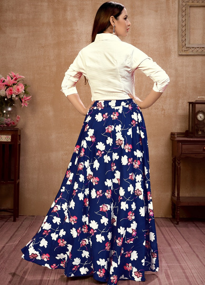 Navy blue silk flower printed occasional wear crop top lehenga
