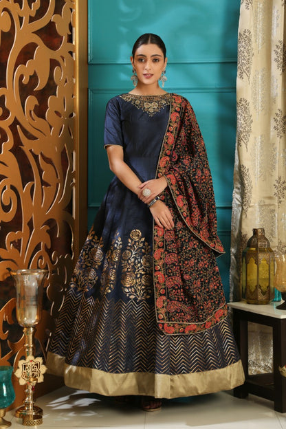 Navy blue silk foil and resham worked designer gown with dupatta