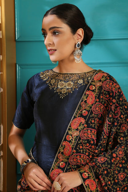 Navy blue silk foil and resham worked designer gown with dupatta