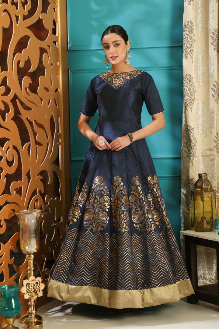 Navy blue silk foil and resham worked designer gown with dupatta