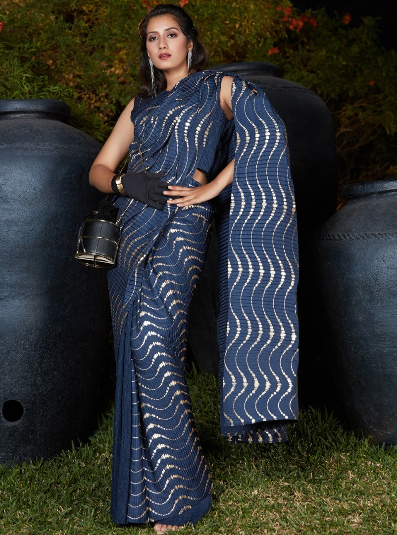 Navy blue silk foil print with platting work designer saree