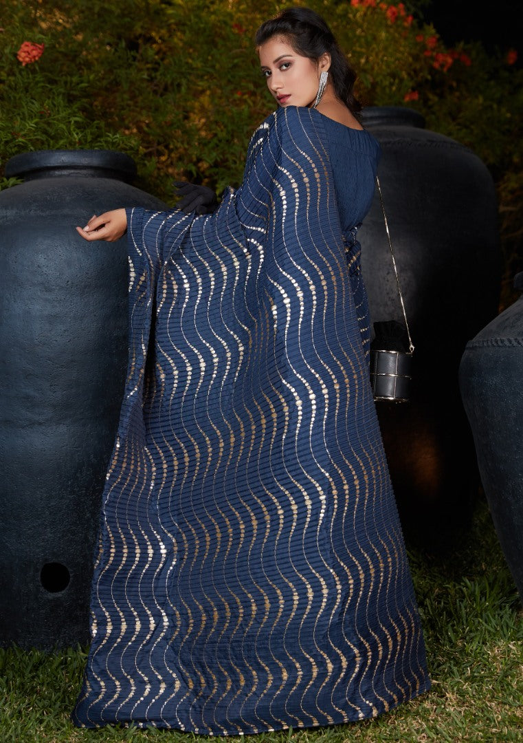 Navy blue silk foil print with platting work designer saree