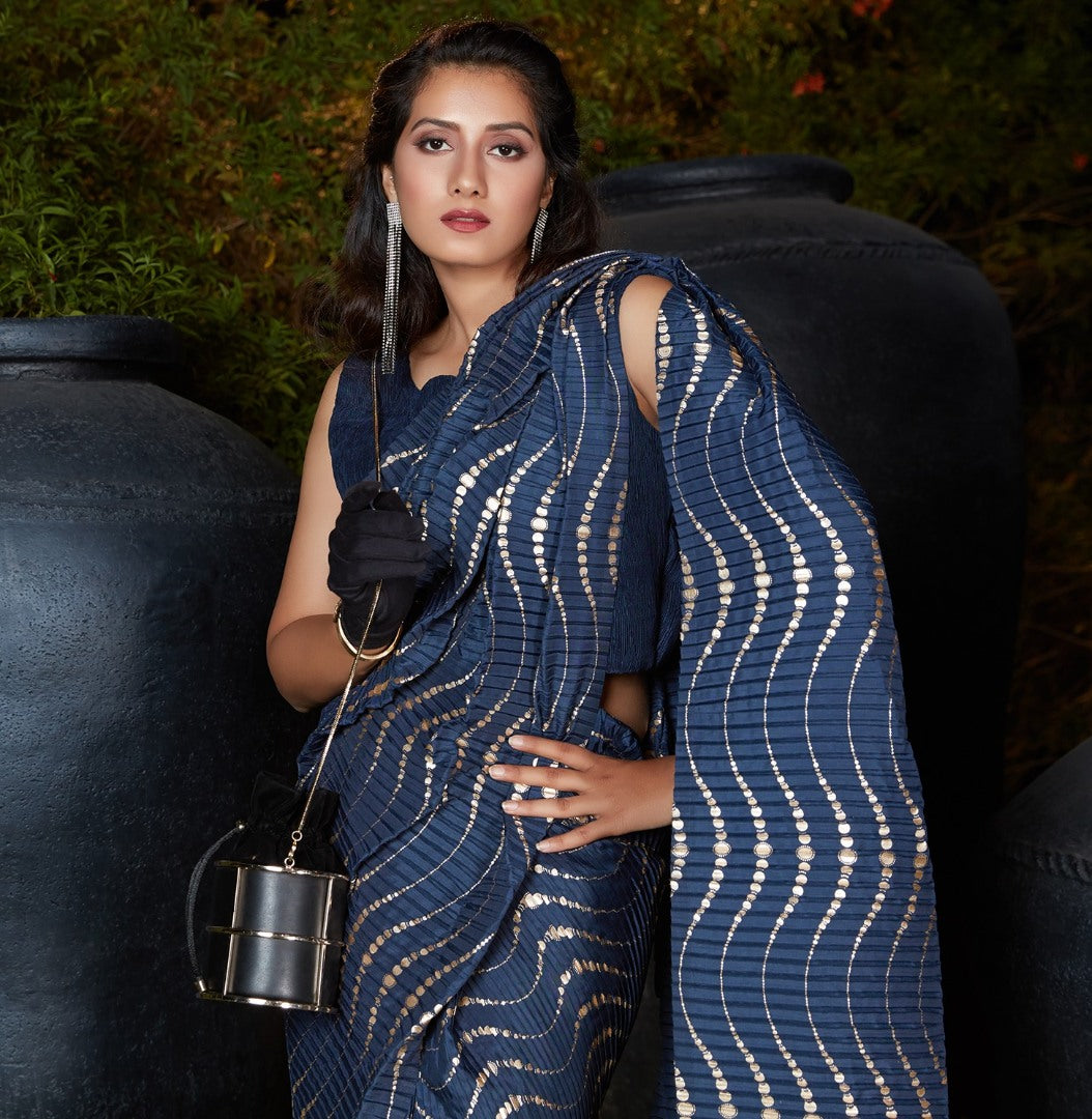 Navy blue silk foil print with platting work designer saree